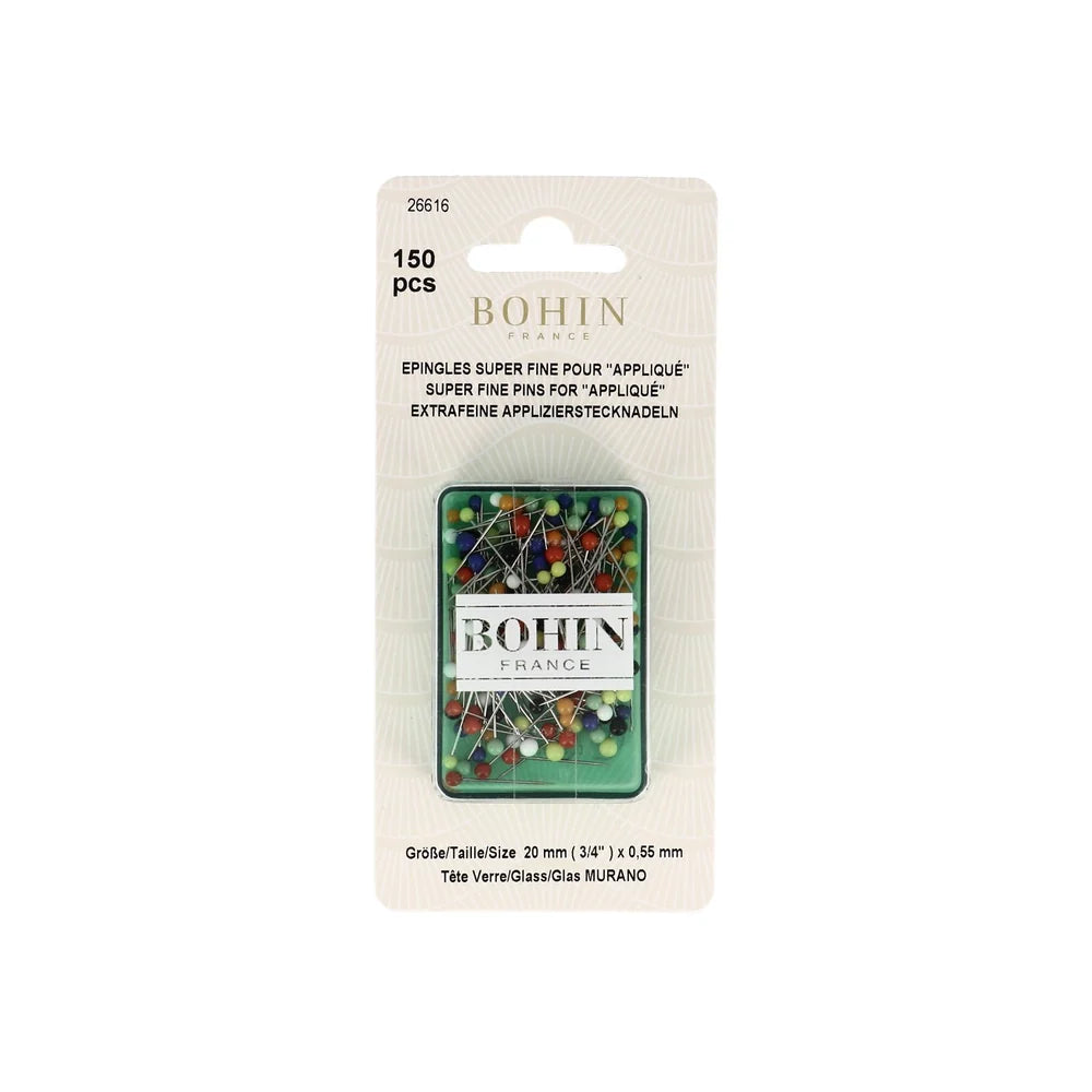 Alfileres Bohin superfinos con cabeza de vidrio para apliques, 20 mm - ø 0,55 mm